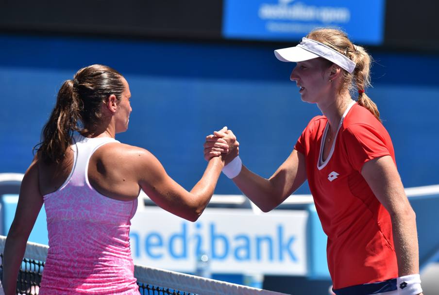 Australian Open, 21 gennaio 2015, 3 giorno. Ekaterina Makarova festeggia la vittoria nel singolo contro la nostra Roberta Vinci (Afp)
